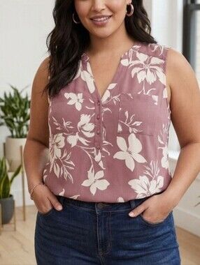 Torrid Plus Size Sleeveless Floral V-Neck Top in Mauve and Cream Size 3 (3X)